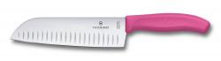 Нож кухонный Victorinox Santoku, ребристе лезо, 17 cм, рожевий, блістер Картинка Нож кухонный Victorinox Santoku, ребристе лезо, 17 cм, рожевий, блістер