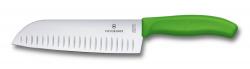 Нож кухонный Victorinox Santoku, ребристе лезо, 17 cм, зелений, блістер Картинка Нож кухонный Victorinox Santoku, ребристе лезо, 17 cм, зелений, блістер